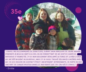 Portrait d'Émilie, participante partageant son témoignage à L'Envol